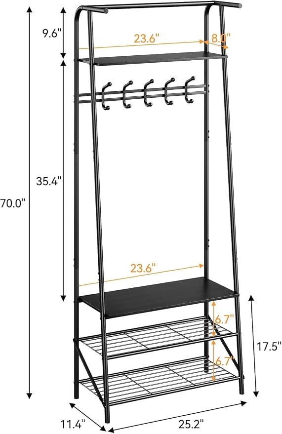 IDEALHOUSE Coat Rack Shoe Bench with 5 Hooks, Hall Trees Entryway Bench with Storage, Wood Look Accent Furniture with Metal Frame for Entryway, Living Room, Bedroom (Deep Black) - Image 2