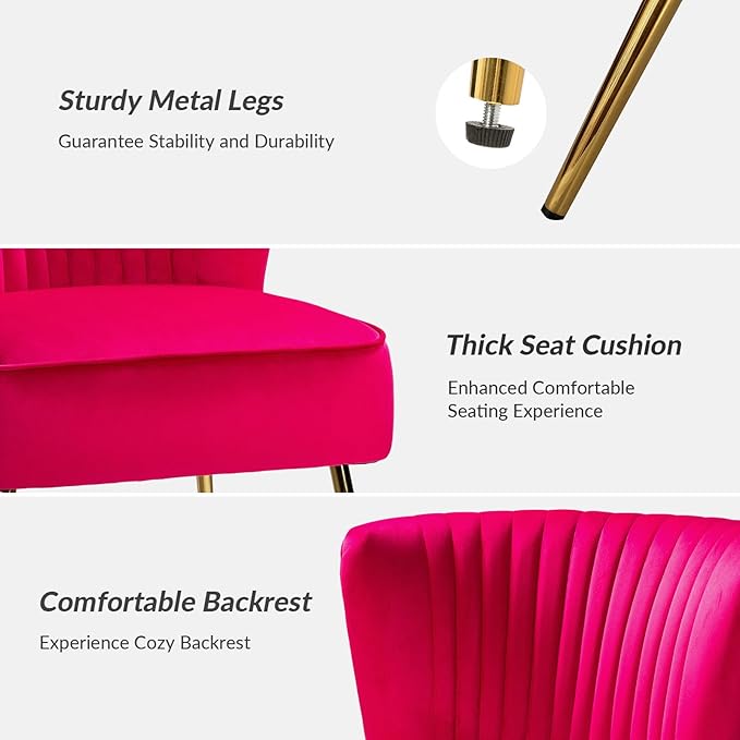 HULALA Home Velvet Accent Chair Set of 2, Modern Armless Upholstered Side Chair with Glam Gold Metal Legs for Vanity Living Room Bedroom - Fuchsia