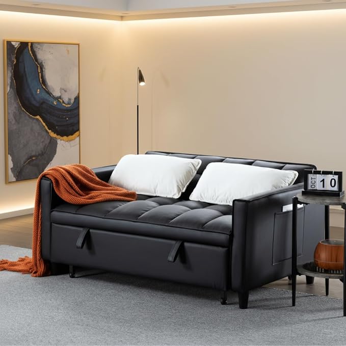 3 in 1 Convertible Sofa Bed, Love Seat Sleeper Bed with Side Pockets, PU Fabric Pull Out Couch with Adjustable Backrest for Living Room, Bedroom, Apartment, Black