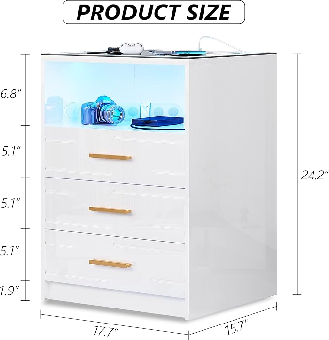 Lvifur LED Nightstand Set of 2 with Wireless Charging Station and USB&Type-C Ports for Bedroom White,3 Color Dimmable Bedside Table with Touch Screen for Office - Image 2