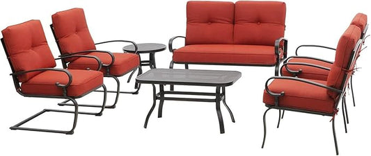 SOLAURA Outdoor Metal Furniture Sets 7-Piece Patio Conversation Set (2 Spring Chairs, 2 Patio Chairs, Loveseat with Coffee Table and Side Table), Red