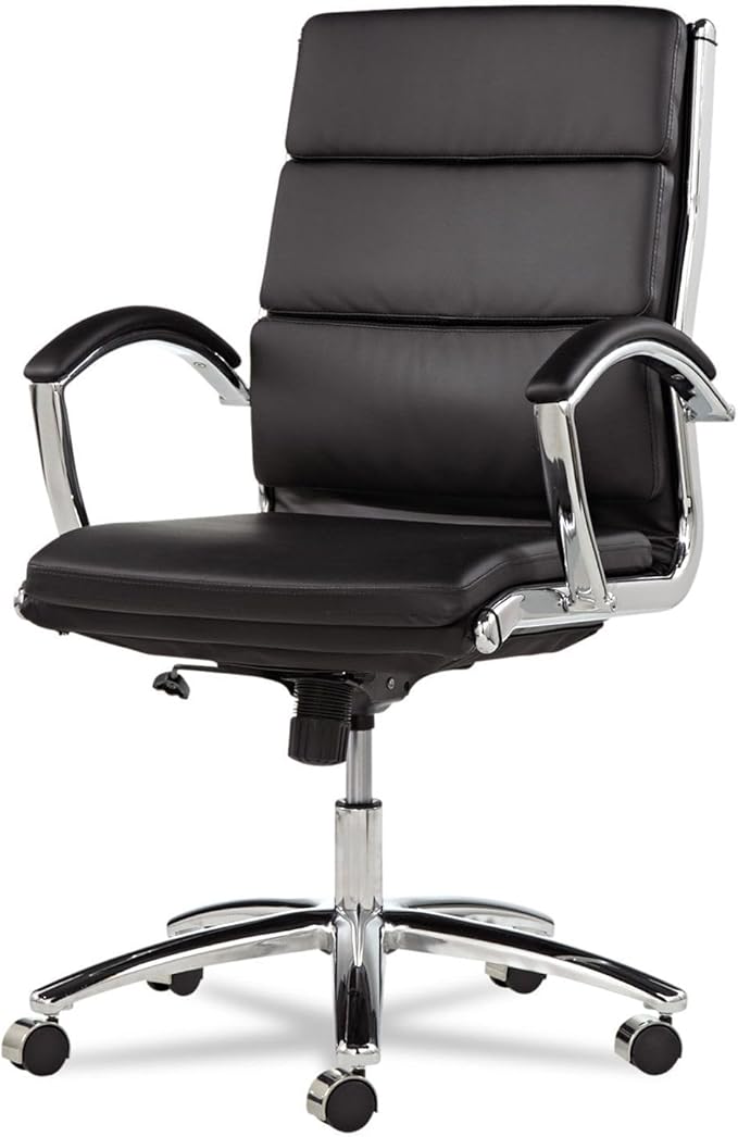 Alera Neratoli Series Mid-Back Swivel/Tilt Chair, Black Leather, Chrome Frame