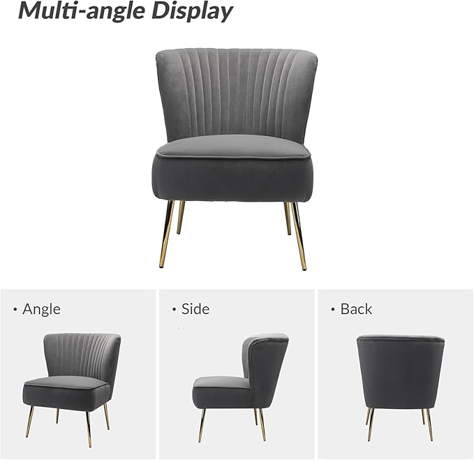 HULALA Home Velvet Accent Chair Set of 2, Modern Armless Upholstered Side Chair with Glam Gold Metal Legs for Vanity Living Room Bedroom - Grey