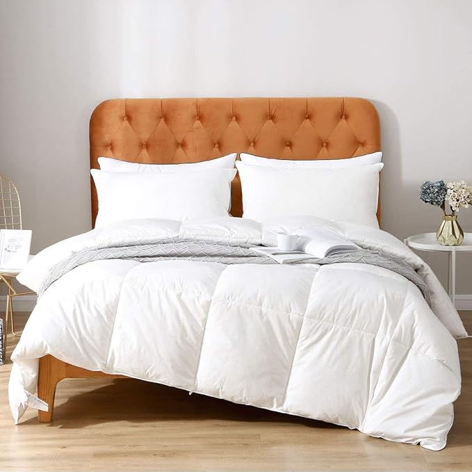 Feathers Down Comforter California King - 100% Organic Cotton Quilted Medium Warm All Seasons Duvet Insert or Stand-Alone Comforter (104x96, Ivory White)