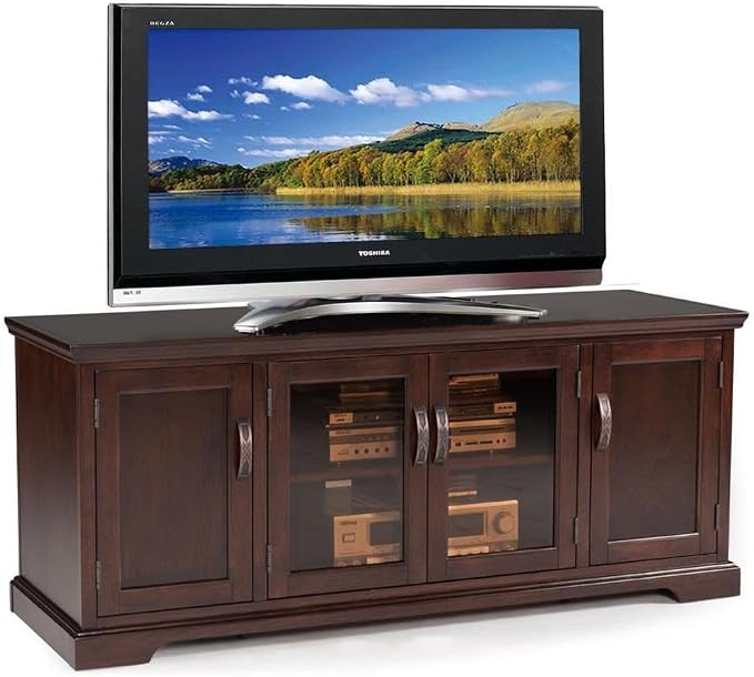 Leick Home 81360 Iverson Three Door TV Stand for 65 Inch TVs, 60 Inch, Chocolate Cherry Brown, Hardwood with Bronze Glass, Adjustable Shelves, Wood Entertainment Console by LeickFurniture