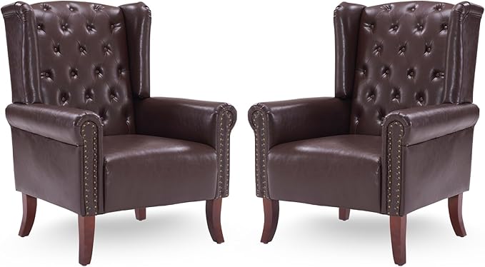 Modern Accent Chair Set of 2, Mid-Century Faux Leather Armchair Upholstered Club Sofa Chair with Wooden Legs, High Back Living Room Chair for Bedroom, Office, Lounge (Caramel)