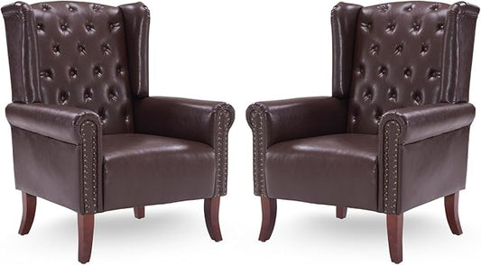 Modern Accent Chair Set of 2, Mid-Century Faux Leather Armchair Upholstered Club Sofa Chair with Wooden Legs, High Back Living Room Chair for Bedroom, Office, Lounge (Caramel)