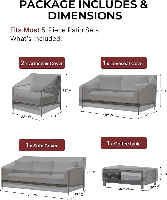 Loriano Patio Furniture Cover Set, 5 Piece Outdoor Furniture Cover Waterproof, 600D Heavy Duty Lawn Patio Set Covers Grey - Image 2