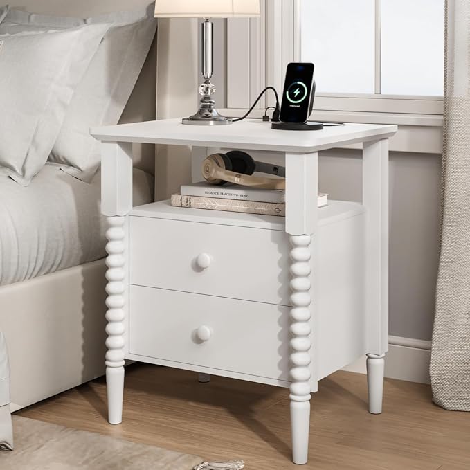 JOINICE White Nightstand, Vintage Night Stand with Charging Station, Bedside Table with Drawers, End Table with Solid Wood Legs, Bed Side Tables for Bedroom, White by Joinice