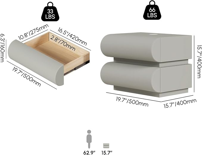 homary Smart Nightstand Modern White Leather Nightstands with Wireless Charger Bedside Table with 3 Drawers for Bedrooms Living Rooms Offices 19.7" W x 16.1" D x 23.6" H - Image 2