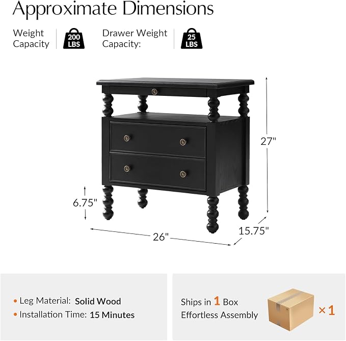 HULALA HOME 26" End Table with Charging Station, Transitional 2 Drawer Wood Endtable with Pull-Out Shelf and Open Storage Space, Large Side Table with Solid Wood Spindle Legs,Black - Image 2