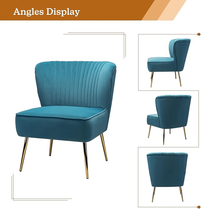 HULALA HOME Velvet Accent Chair, Modern Upholstered Cute Side Chair with Gold Metal Legs, Armless Wingback Slipper Chair Comfy Living Room Chair for Bedroom Guest Room Vanity, Blue