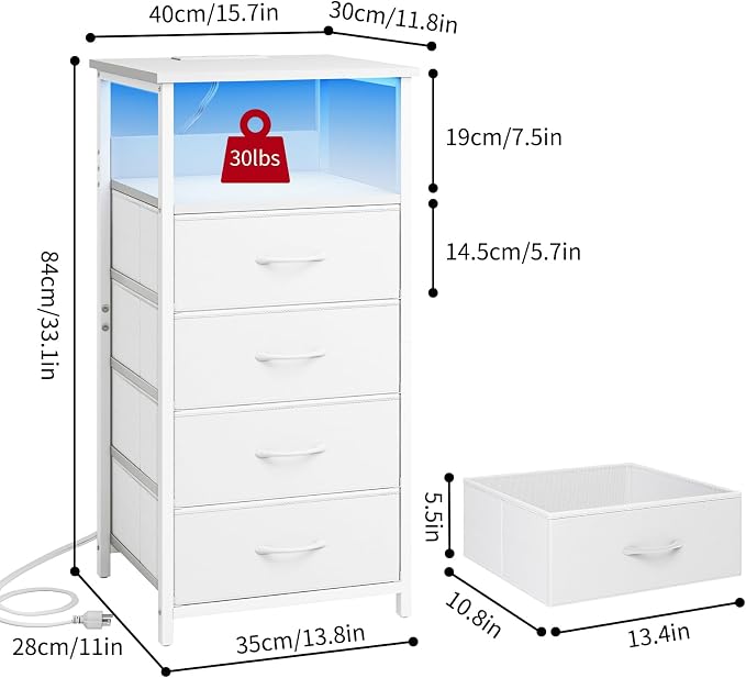 Fixwal Tall Nightstand with Charging Station, Night Stand with U-S-B Ports and Outlets, 4 Fabric Storage Drawers with PU Finish, Small Dresser Bed Side Table, White - Image 3