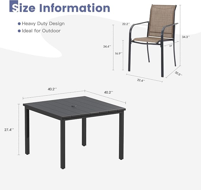 VICLLAX 5 Pieces Patio Dining Set, Patio Furniture Set of 4 Patio Stackable Dining Chairs and Outdoor Metal Square Table with Umbrella Hole for Backyard Lawn Garden, Brown Chairs and Black Table - Image 7