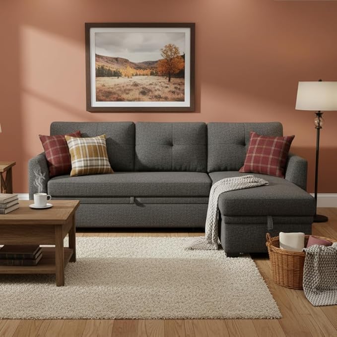 Sectional Sleeper Sofa with Pull Out Bed, L Shape Convertible Linen Couch with Storage Chaise, 2 in 1 Pull Out Sofa Bed with 2 Seats, for Living Room, Apartment, Charcoal Black