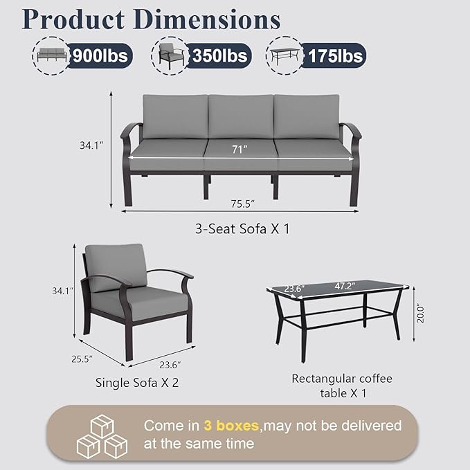 ALAULM Aluminum Patio Furniture Set with Coffee Table Rectangular，5-seat Outdoor Sectional Furniture w/Swivel Chairs，Patio Conversation Set for Porch, Backyard, Poolside-Grey