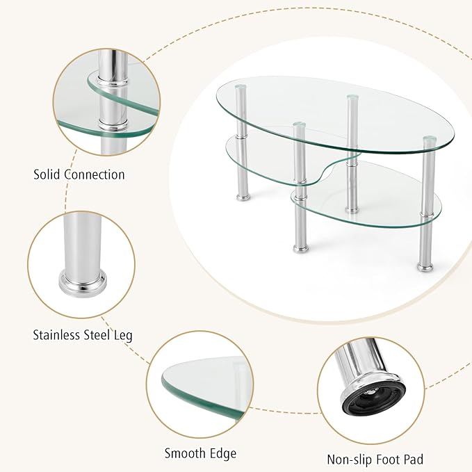 Giantex Oval Glass Coffee Table - 3-Tier Transparent Tempered Glass Table W/Sturdy Chrome Plated Legs, Small Sofa Side Table, End Table for Living Room, Bedroom, Office, 35"× 20" ×18" (Clear)