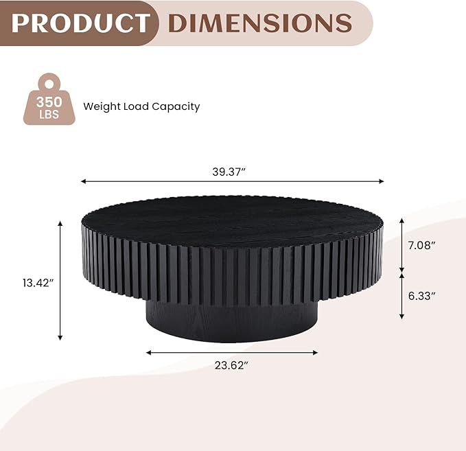 39.37" Round Wood Coffee Table, Modern Unique Circle Coffee Table, Contemporary Oak Drum Fluted Accent Side Table Center Table for Living Room, Office, Apartment, Black