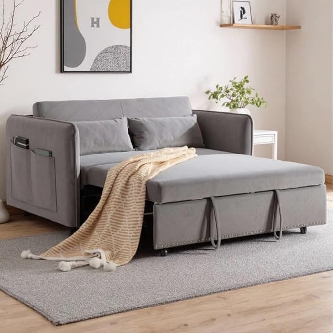 3 in 1 Pull Out Sofa Bed, Convertible Loveseat Couch with Side Pockets, Velvet Fabric Sleeper Sofa Bed with Adjustable Backrest for Living Room, Bedroom, Apartment, RV, Gray