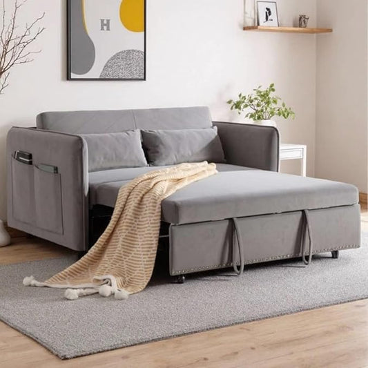 3 in 1 Pull Out Sofa Bed, Convertible Loveseat Couch with Side Pockets, Velvet Fabric Sleeper Sofa Bed with Adjustable Backrest for Living Room, Bedroom, Apartment, RV, Gray