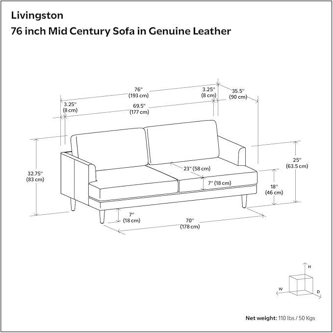 SIMPLIHOME Livingston 76-inch Wide Sofa in Coal Top Grain Genuine Leather, Handcrafted Mid-Century Modern Loveseat for Living Room, Compact 2-Seater with Feather-Wrapped Cushions and Solid Wood Frame