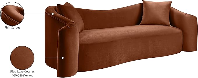 Meridian Furniture 44052Cognac-S Destin Collection Modern | Contemporary Sofa with Ultra Luxe Cognac 460 GSM Velvet, Rich Curves, 91" W x 34.5" D x 31" H, Cognac