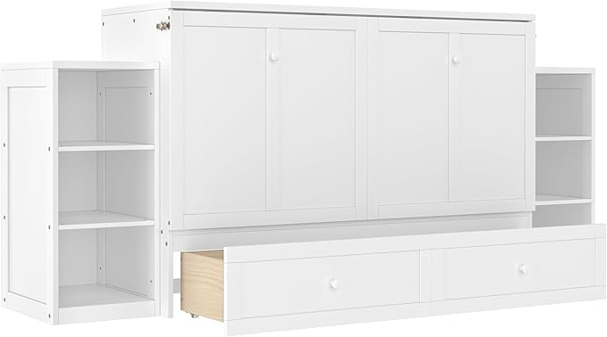 Bellemave Queen Size Murphy Bed, Cabinet Bed with 2 Shelves and Storage Drawers, Farmhouse Murphy Cabinet, Noisy Free, for Guest Bedroom, Living Room, Office, White