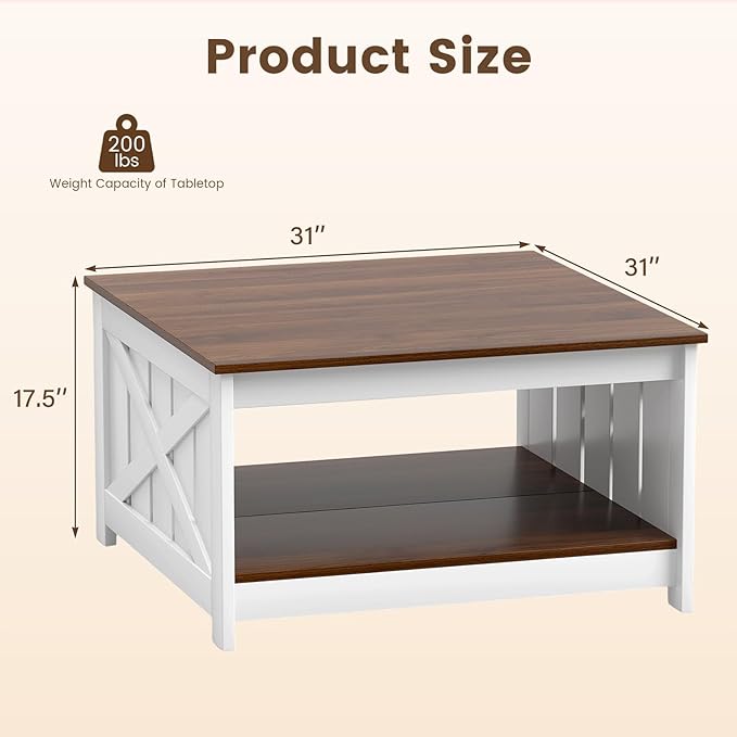 Giantex Farmhouse Coffee Table, 31 Inch Square Wood Coffee Table with Storage Shelf, 2-Tier Vintage Center Table with Open Compartment, Rustic Living Room Table for Home Office, White & Brown