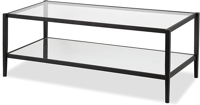 Henn&Hart 45" Wide Rectangular Coffee Table with Mirror Shelf in Blackened Bronze, Modern coffee tables for living room, studio apartment essentials