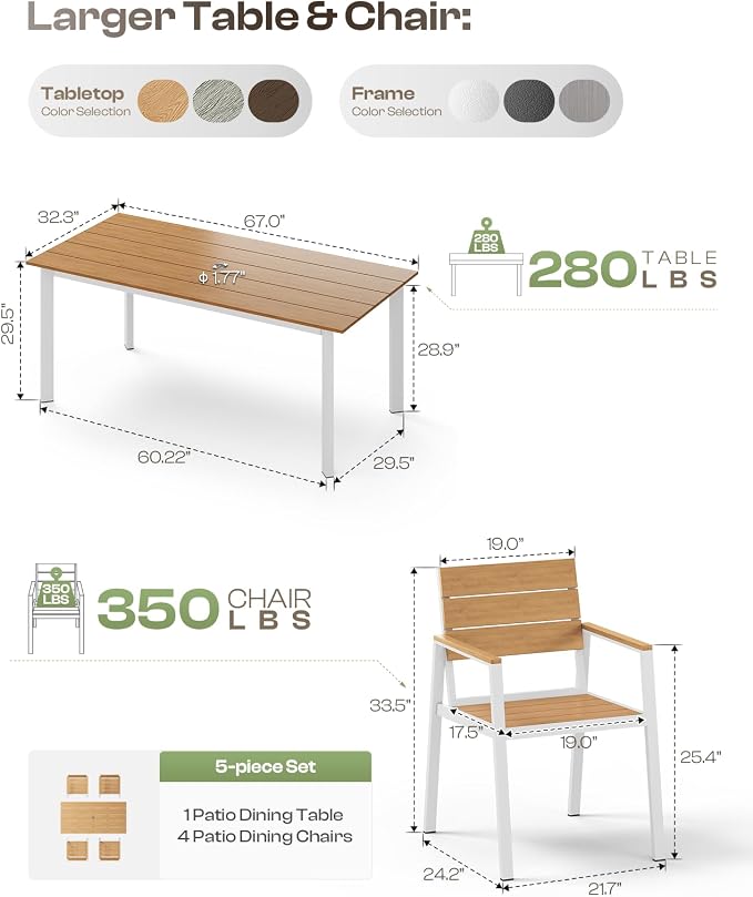 Outdoor Patio Dining Chairs Set of 2, 350LBS Capacity Aluminum Patio Dining Chairs with Armrests, Weather-Resistant for Lawn, Garden, Yard, Poolside and Indoor Use (White & Teak) - Image 7