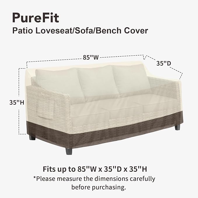 PureFit Outdoor Couch Cover Waterproof Patio Sofa Furniture Covers, 3-Seater Outdoor Cover with Air Vent and Handles, 85W x 35D x 35H Inches, Beige/Brown - Image 2