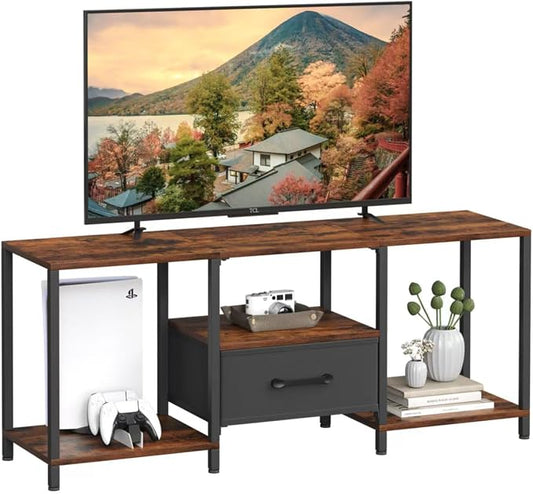 JARHETUN TV Stand with Fabric Drawer for 55 Inch TV, Entertainment Center with Open Shelves, Media TV Console Table for Living Room, Bedroom, Rustic Brown by JARHETUN