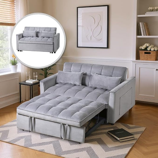 3-in-1 Sofa Bed, 52.75" Pull-Out Sleeper Sofa Bed with 3-Level Adjustable Backrest, Velvet Fabric Loveseat Sleeper Couch for Living Room & Bedroom & Apartment & Dorm Furniture, Light Grey