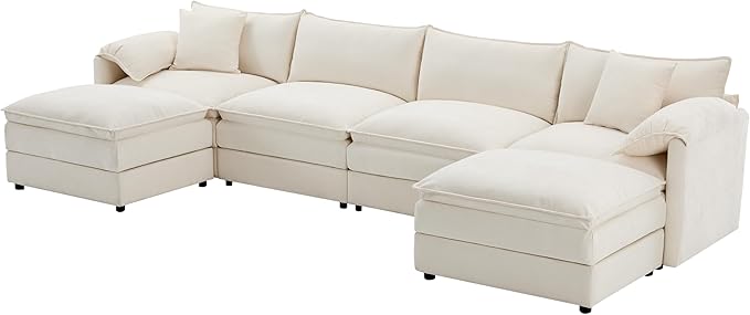 Merax 136" Chenille Modular Sectional Sofa, 6-Seat U-Shaped Oversized Cloud Couch Set, with Double Cushions and Movable Ottomans, Deep & Wide Seating, Cream