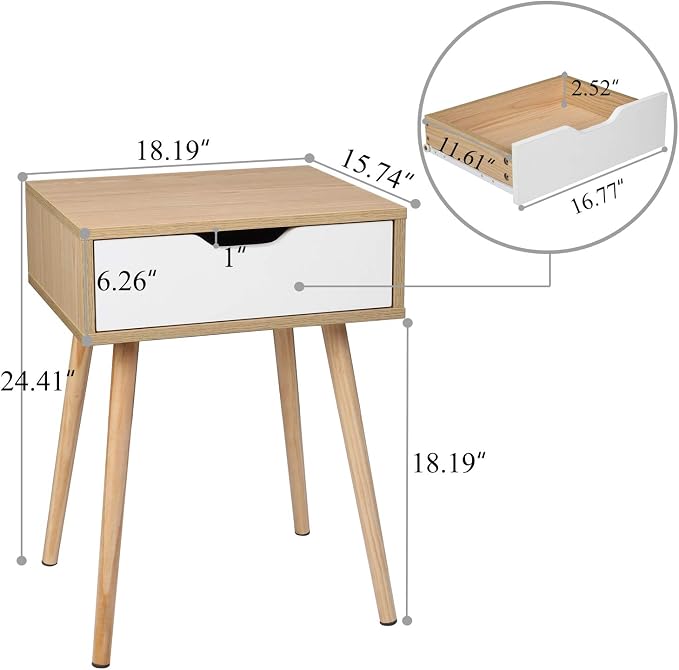Bonnlo Wood Nightstands Set of 2 End Side Table with Spacious Drawer & Solid Wood Legs for Livingroom, Bedroom, Dorm - Image 3