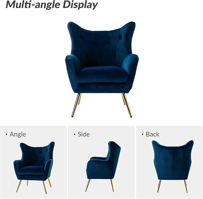 HULALA HOME Velvet Accent Chair, Modern Wingback Arm Chair with Metal Gold Legs, Velvet Tufted Upholstered Single Sofa Chair for Living Room Bedroom, Dining Room Accent Club Guest Chair (Navy)