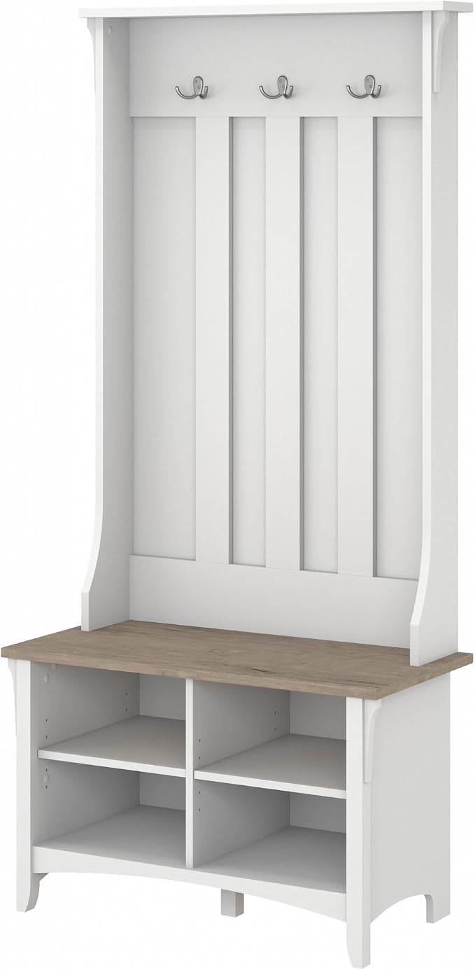 Bush Home Salinas Hall Tree with Shoe Storage Bench in Shiplap Gray and Pure White, Multi-Purpose Home Organizer, Entryway Solution with Seating and Hooks by BushHome