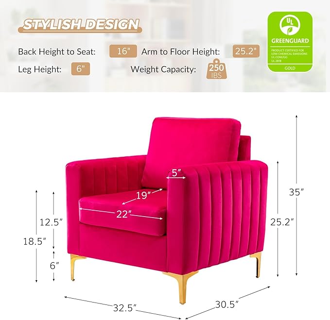 HULALA HOME Velvet Accent Club Chair, Modern Velvet Armchair with Gold Metal Legs Upholstered Barrel Leisure & Reading Armchair, Fuchsia
