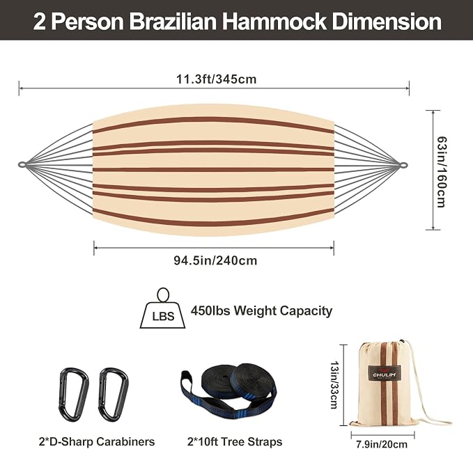CHULIM Brazilian Double Hammock with Tree Straps,Extra Large 94x63IN,2 Persons Hammock for Backyard Patio Outdoor and Indoor,450lbs Weight Capacity,Soft Woven Cotton Fabric - Beige Brown Stripe - Image 3