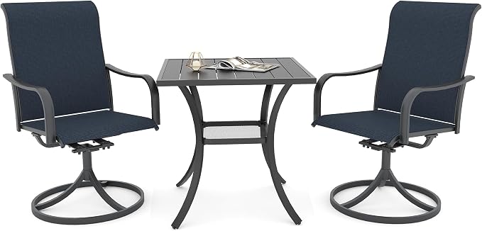 Anmutig Small Outdoor Patio Dining Set, 27.5 Inch Square Dining Table with 2 Navy Blue Swivel Chairs - Style2 by Anmutig