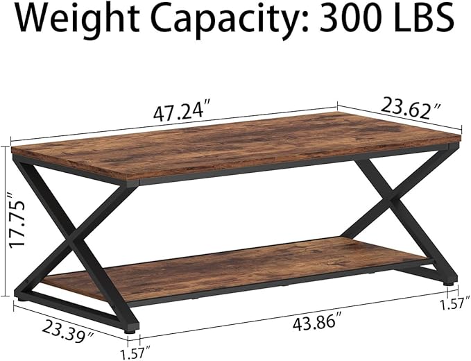 HSH Rustic Coffee Table with Storage Shelf, Industrial Metal Wood Living Room Table, Farmhouse Minimalist Rectangle Center Table, Vintage Simple 2 Tier Cocktail Tea Table, Rustic Brown, 47 Inch