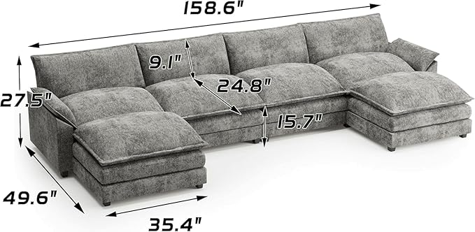 Shahoo Sectional Modular Sofa U Shaped Chenille Fabric Couch with High Supportive & Soft Sponges and Removable Ottoman, Sleeper Comfy Upholstered Furniture for Living Room, Dark Grey