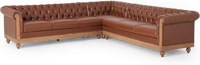 Merax PU Chesterfield Sofa, Retro Style Upholstered 6 Seater Leather Rolled Arm Couch for Living Room Bedroom Office, Light Brown