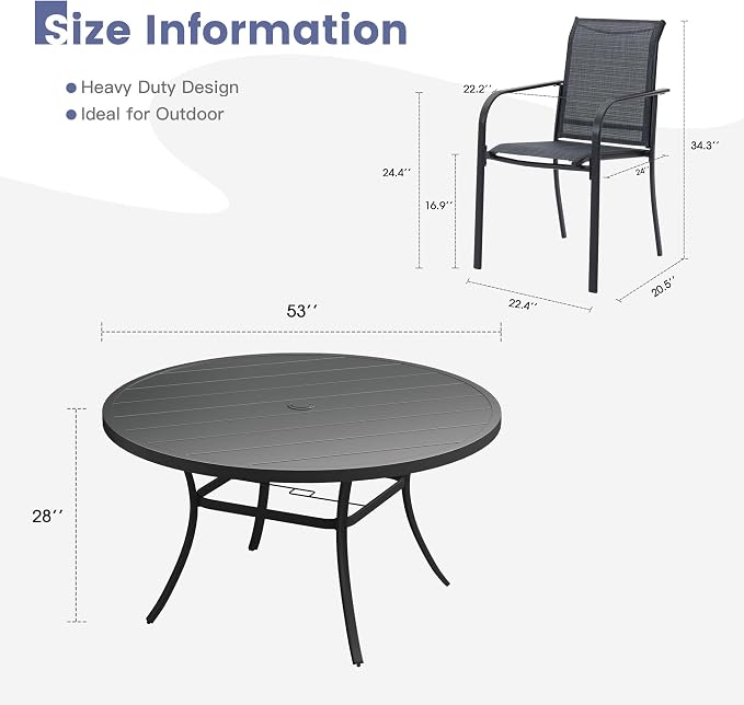 VICLLAX Round Outdoor Dining Set, Patio Table and Chairs Set Set of 8 Patio Stackable Chairs and 53" Outdoor Round Table with Umbrella Hole for Lawn Garden, Dark Grey Chairs and Dark Grey Table - Image 7