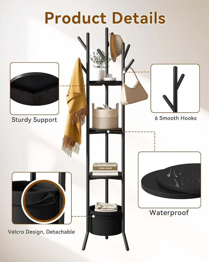 YMYNY Coat Rack, Freestanding Coat Stand with Storage Shelves, Hall Trees with 3 Wooden Shelves and 1 Fabric Basket, Metal Clothes Stand for Hats Bags Hallway Bedroom Black UHGR005B - Image 5