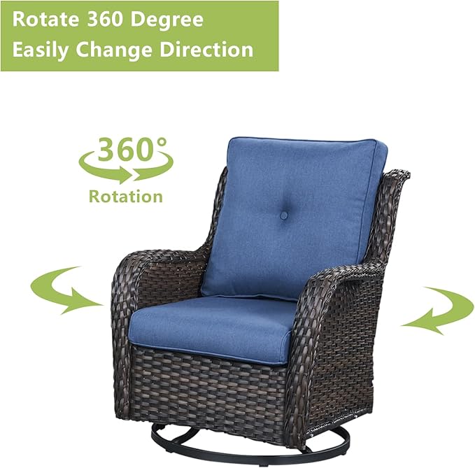 Rilyson Wicker Patio Furniture Set - 4 Piece Rattan Outdoor Sectional Conversation Sets with 2 Swivel Rocking Chairs,2 Ottomans for Porch Deck Garden(Brown/Blue)
