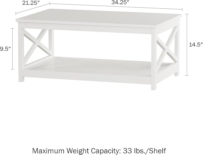 Coffee Table - 2-Tiered Wood Sofa Table - Low Profile and X-Leg Design Living Room Furniture for Storage, Display, or TV Stand by Lavish Home (White)