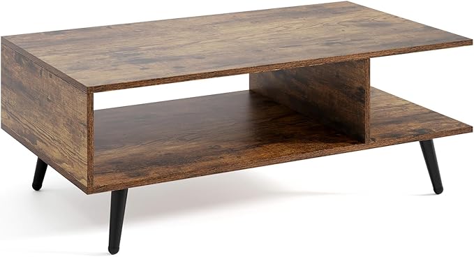 GOFLAME Wood Coffee Table, 2-Tier Mid Century Modern Center Table with 2 Open Storage Compartments & Metal Legs, Rectangular Accent Tea Tables for Living Room, Home Office, Apartment, Rustic Brown