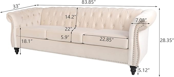 LEVNARY Velvet Chesterfield Sofa, Classic Tufted Upholstered Couch, Modern 3 Seater Couch Long Settee Furniture with Tufted Back for Living Room Office (Beige)