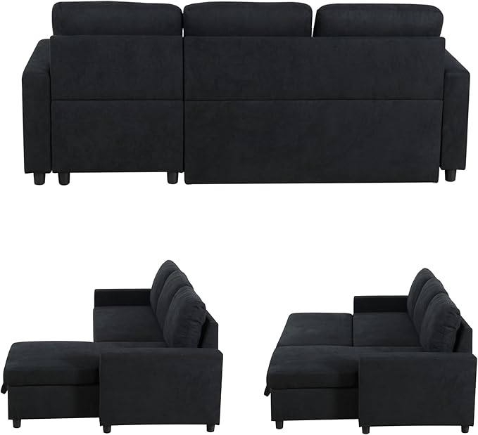 Sectional Sleeper Sofa with Pull Out Bed, L Shaped Pull Out Couch with Storage Chaise, 3 Seats Convertible Couch Bed for Apartment, Living Room, Black